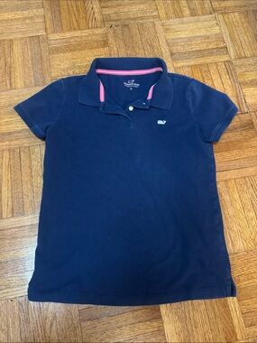 Vineyard Vines Girls' Navy Polo with Pink Collar Trim